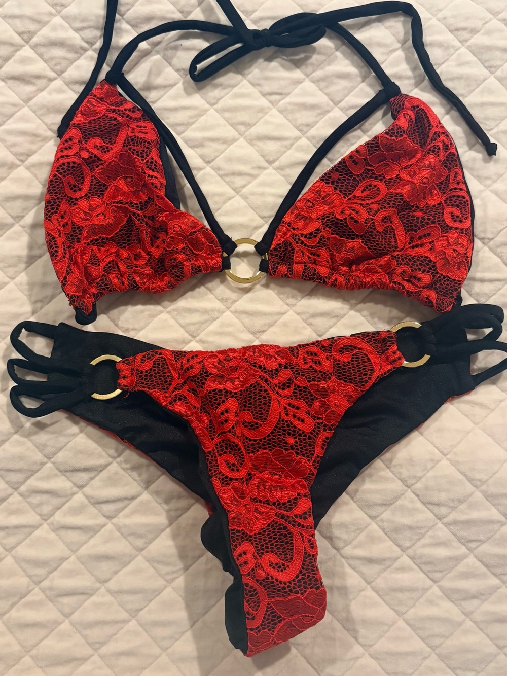 Red Lace Triangle Bikini Set with Black Accents